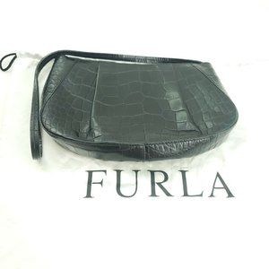 Furla Womens Black Leather Alligator Print Classic Shoulder Handbag Purse